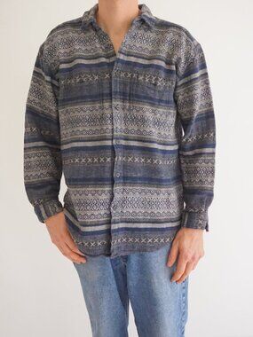Vintage Cherokee Blue Tribal Stripe Cotton Button Front Casual Shirt L